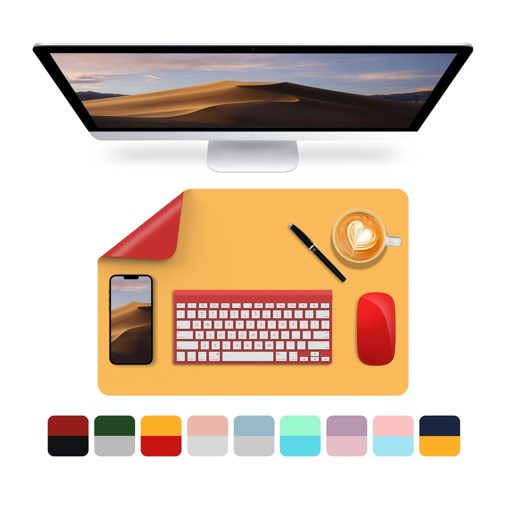 Desk Pad Protector,PU Leather Dual Side Mouse Pad, 23.6" x 15.7",Non-Slip and Waterproof Writing Mat (Red + Yellow)