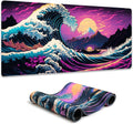 Japanese Sea Wave Mouse Pad, Blacklight Kanagawa Gaming Waterproof Extended Large Desk Pad Long Computer Keyboard Big...