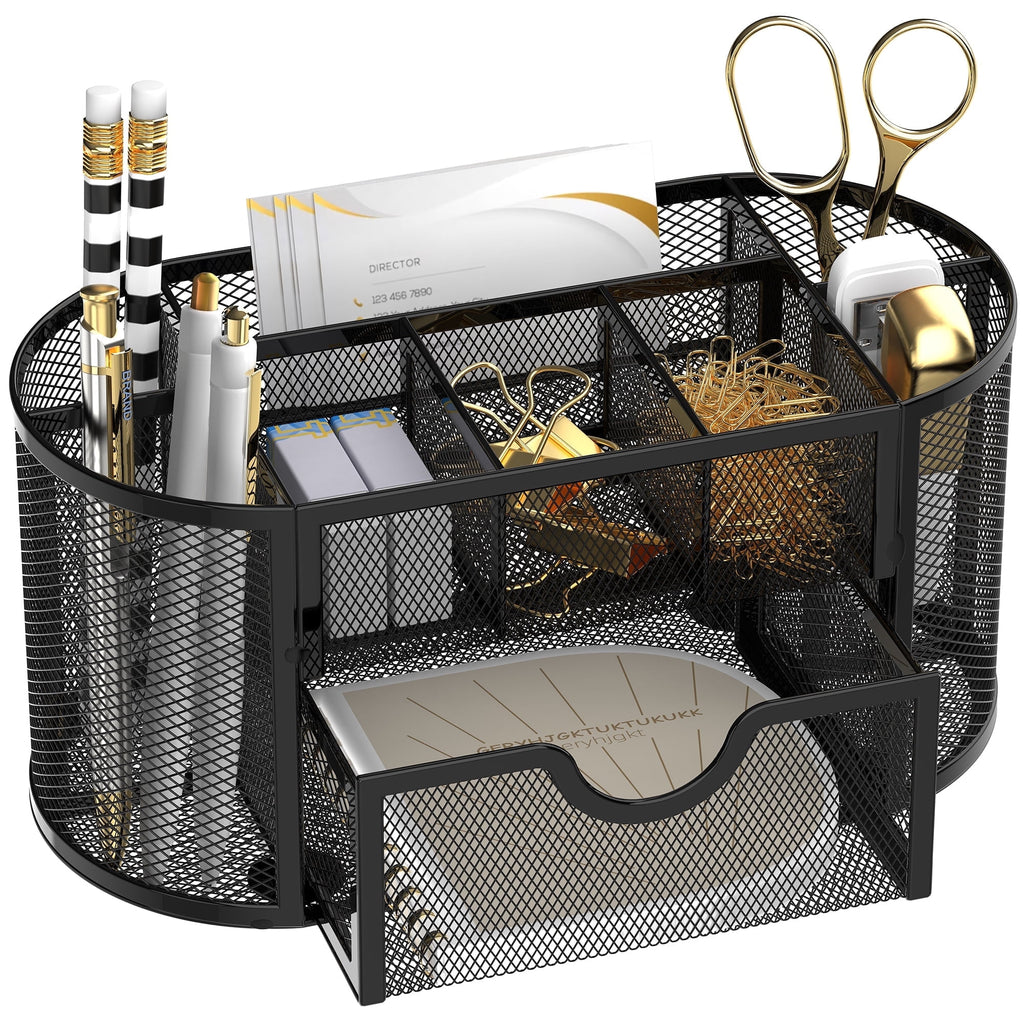 Small Mesh Desk Organizer with Drawers, Desk Accessories with 9 Compartments, Makeup Organizer, Black