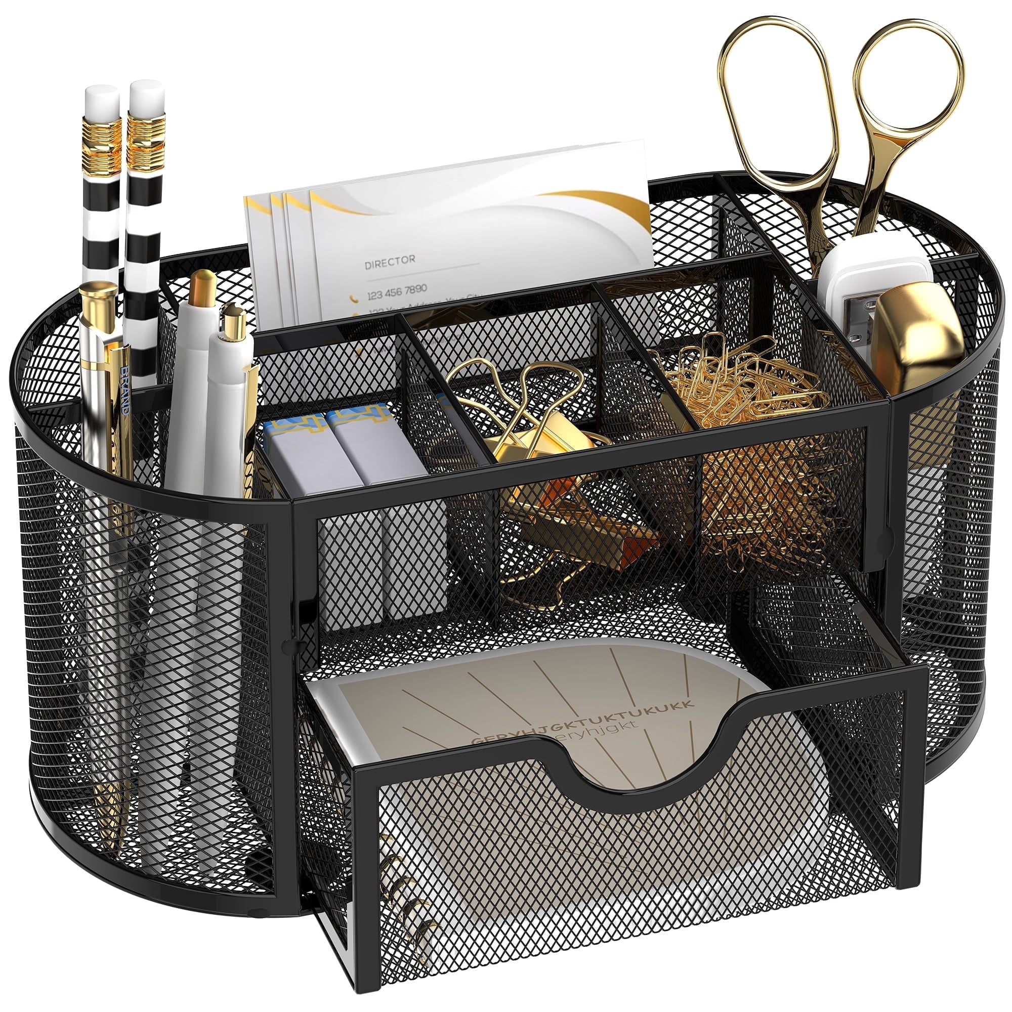 Small Mesh Desk Organizer with Drawers, Desk Accessories with 9 Compartments, Makeup Organizer, Black