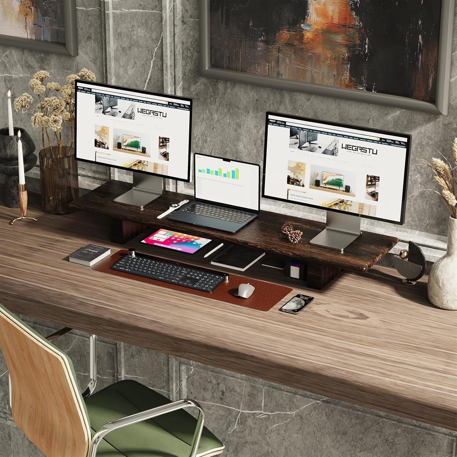 Solid Wood Monitor Stand with Storage - Rustic Dual Riser for Laptop TV PC Office Desk Organizer