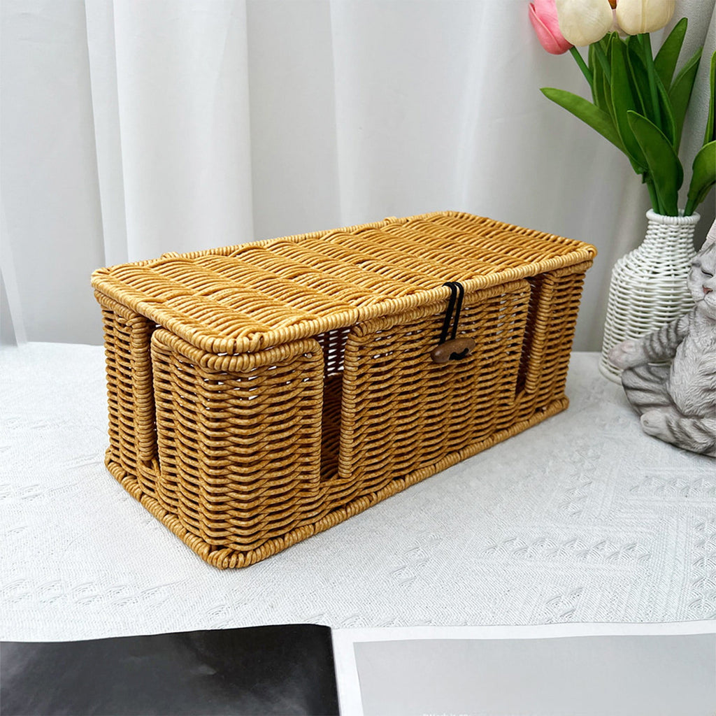 Storage Basket Cable Management Box Rattan Cord Organizer Box Cords Hider Under Desk Cable Management For Power Strip Computer Router USB Hu