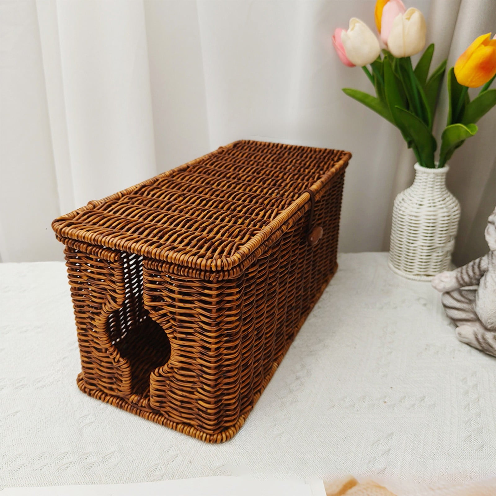 Storage Basket Handmade Cable Management Box Stylish & Functional Cable Organizer Slots For Home & Office TV Wires Computer Router USB Hub &