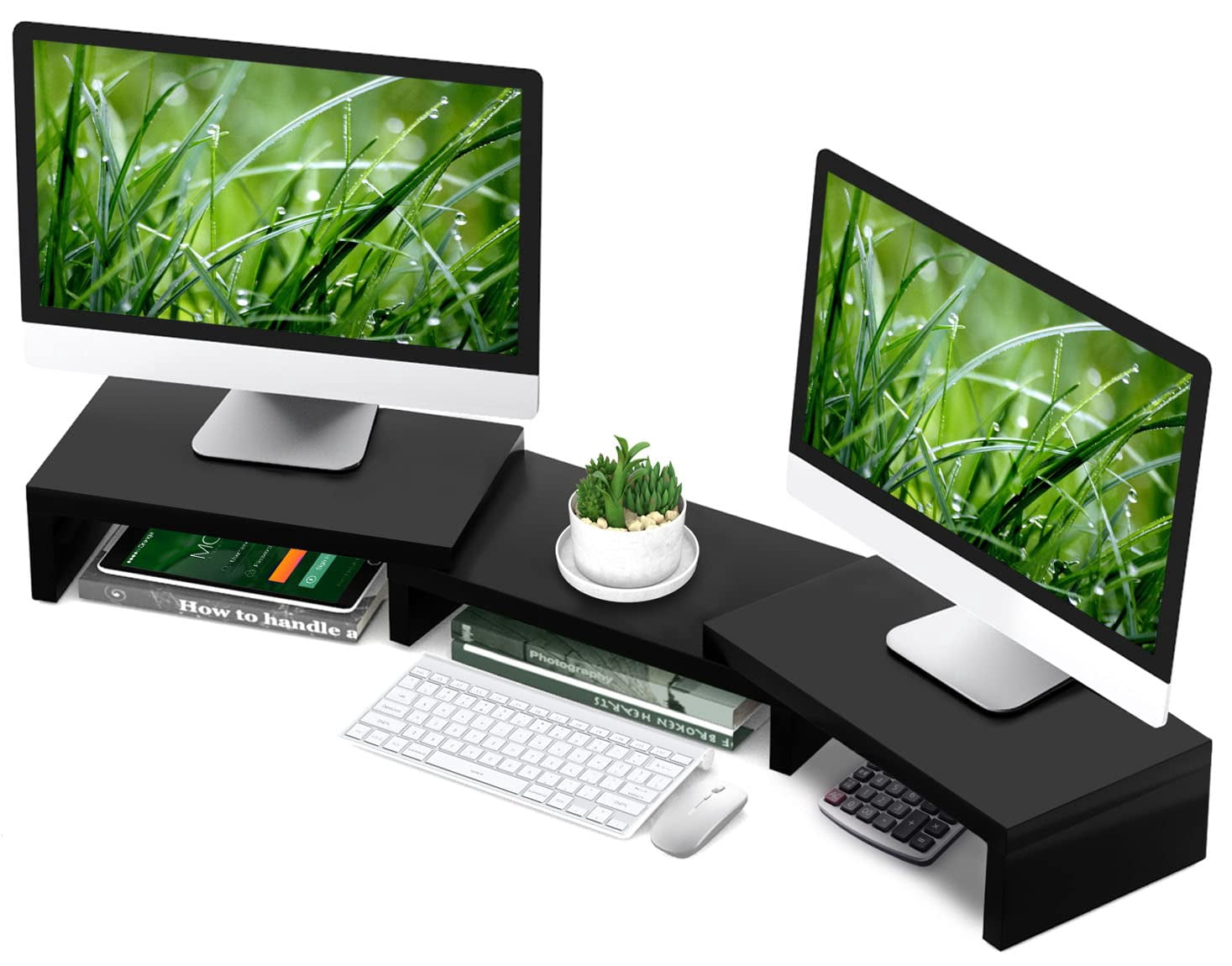 Tavr Dual Monitor Stand Riser Office Desktop Organizer For 2 Monitors  Adjustable Length And Angle 3 Shelf Extra Long Multifunctional Up To