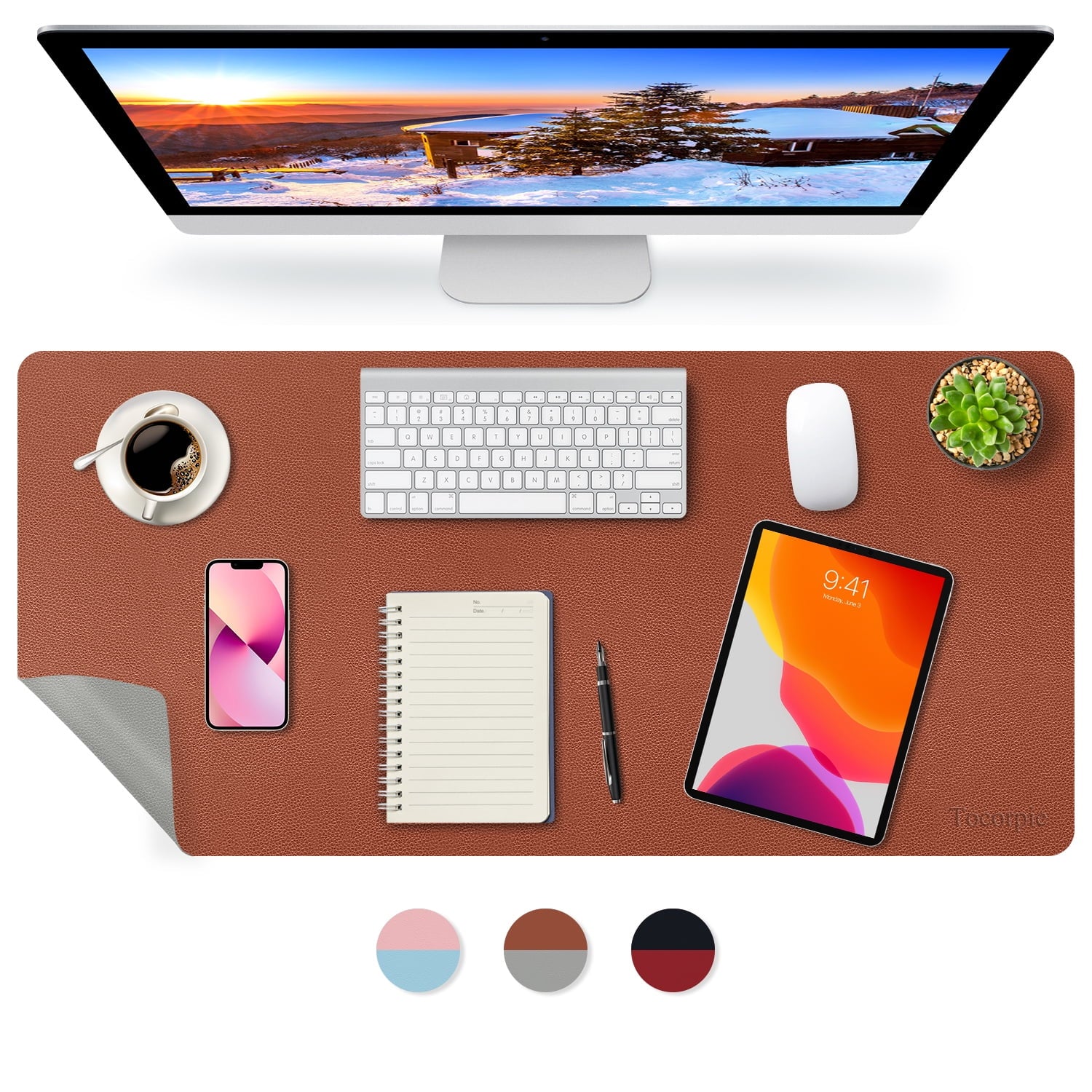 Dual-Sided Desk Pad 23x13in Waterproof PU Leather Desk Mat Mouse Pad Keyboard Mat Large Brown