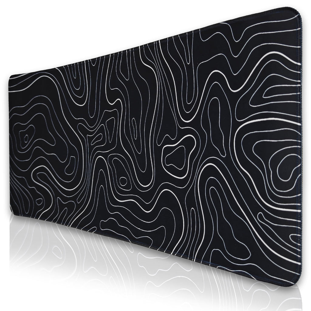 Topographic Mouse Pad 31.5 x 11.8 In, Large Keyboard Desk Pad Mat with with Non-Slip Base Stitched Edge, White and Bl...