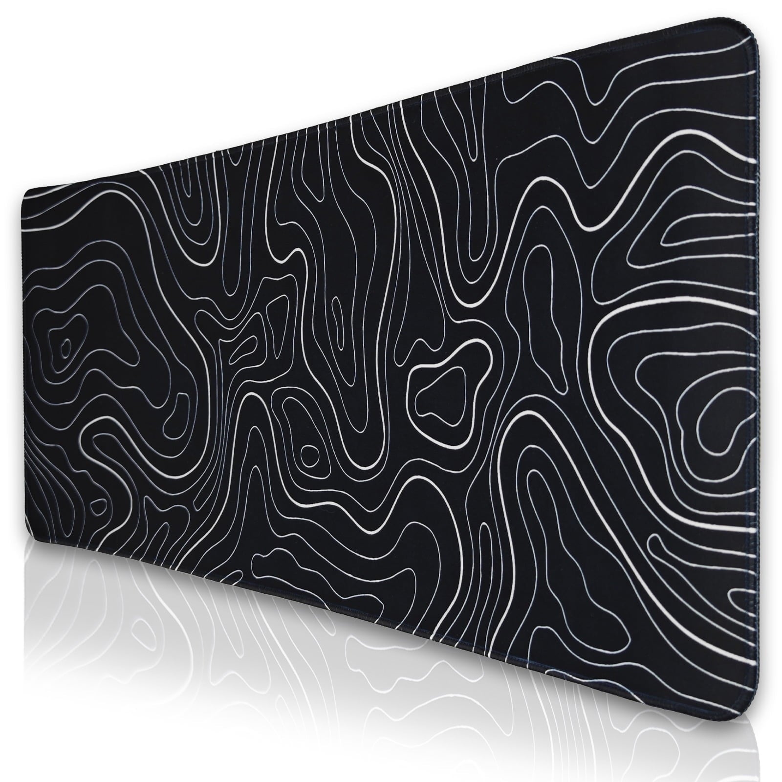 Topographic Mouse Pad 31.5 x 11.8 In, Large Keyboard Desk Pad Mat with with Non-Slip Base Stitched Edge, White and Bl...