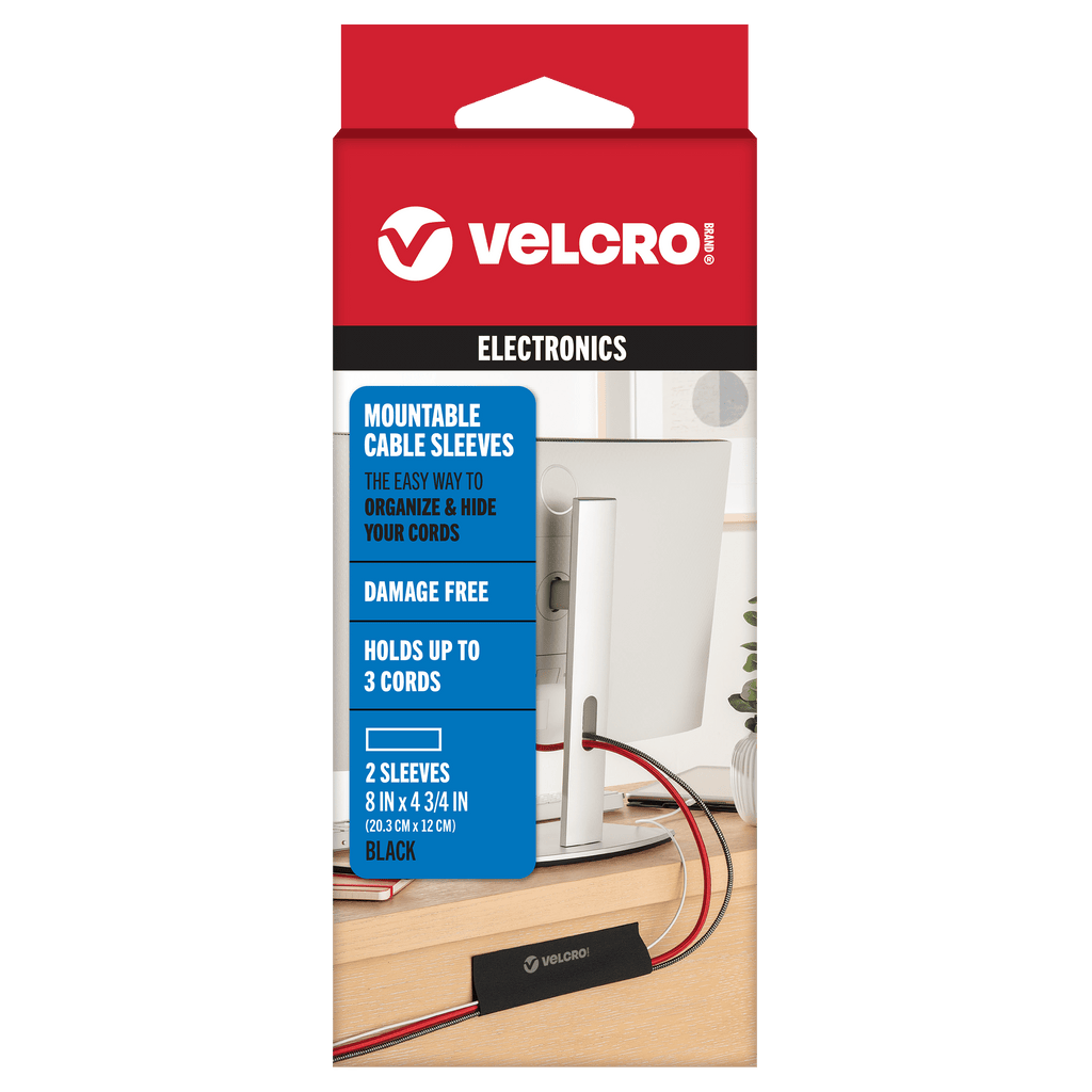 VELCRO Brand Cable Sleeve | Cord Management Mounts on Walls, Desk or Entertainment Center | Removable Adhesive is Damage Free | 8in Black, 2
