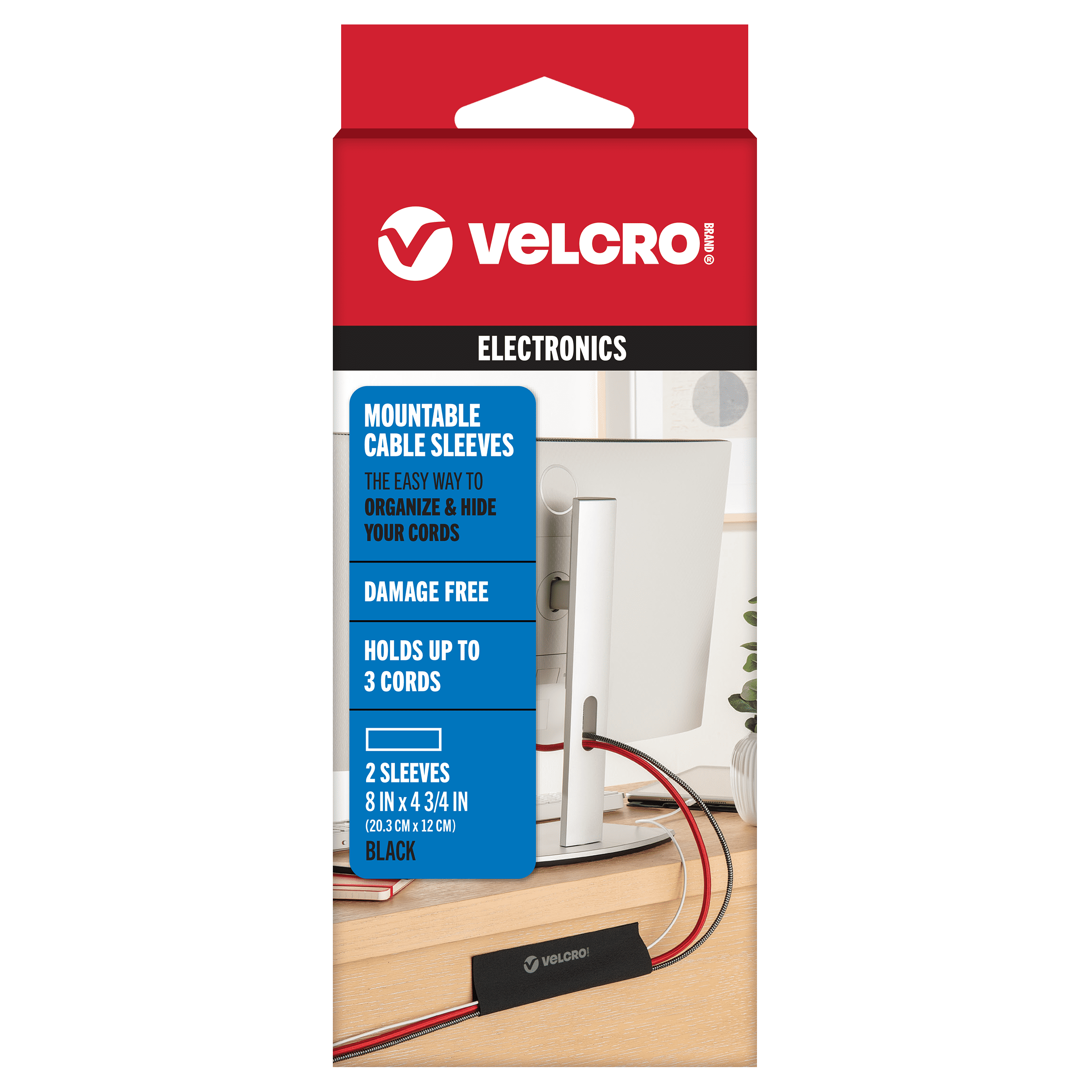 VELCRO Brand Cable Sleeve | Cord Management Mounts on Walls, Desk or Entertainment Center | Removable Adhesive is Damage Free | 8in Black, 2