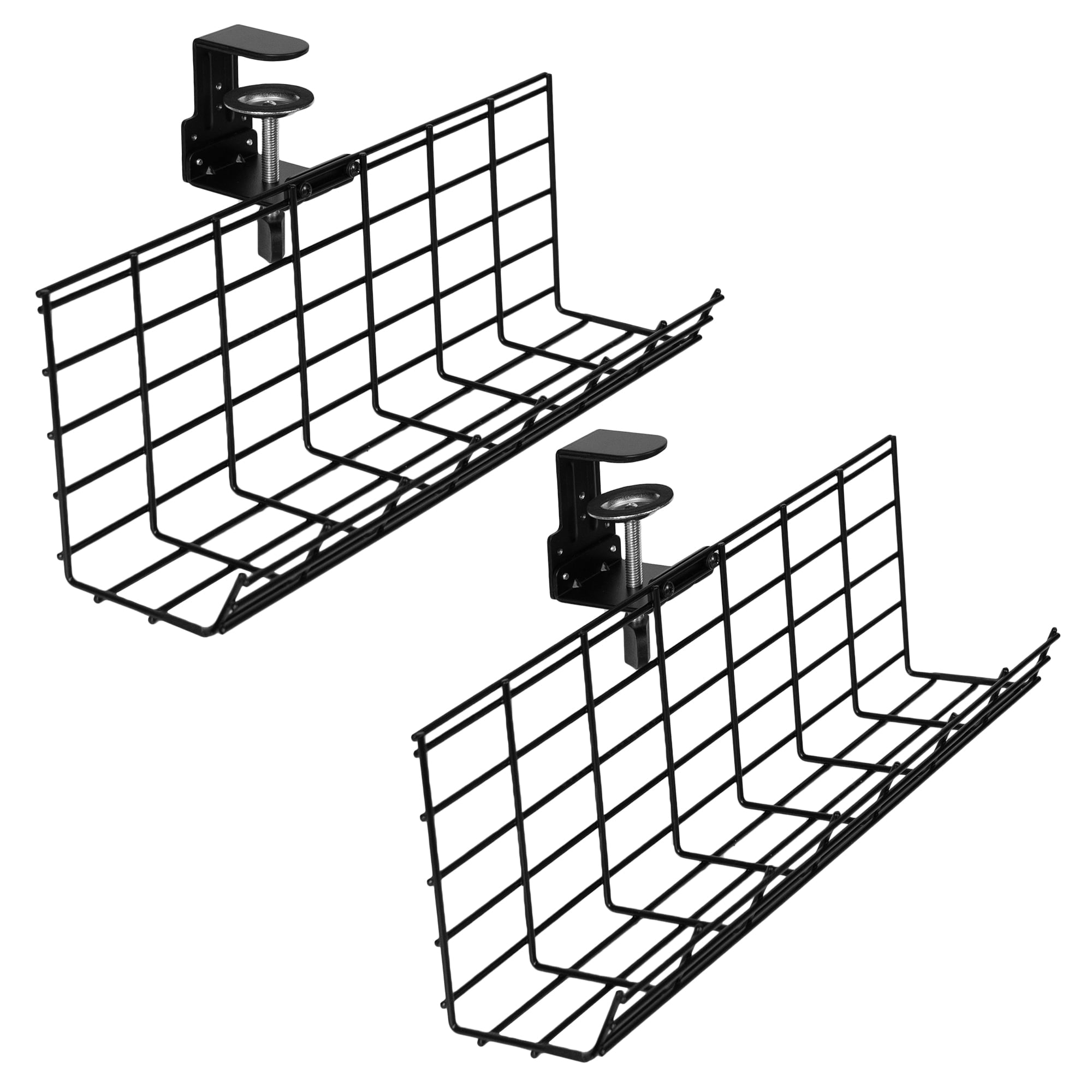 Black Clamp-on Dual Under Desk Cable Management Tray Organizers (2 Pack)