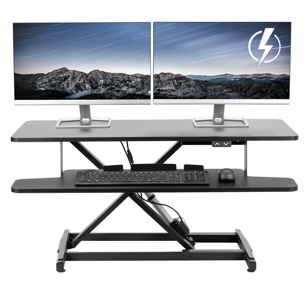 Black Electric 36" Standing Desk Monitor Riser, Dual Arm Sit Stand Tabletop