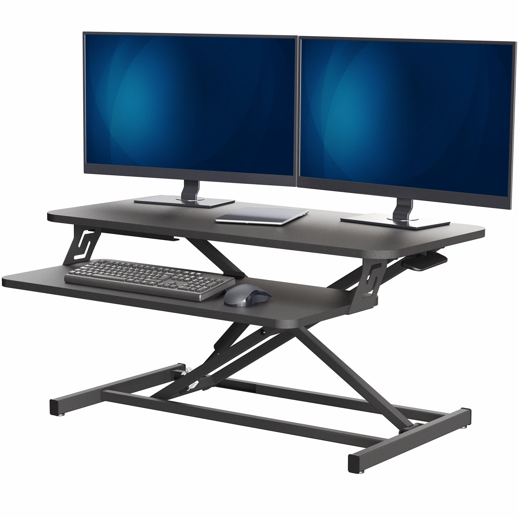 Black Height Adjustable 32" Standing Desk Monitor Riser, Sit Stand Tabletop