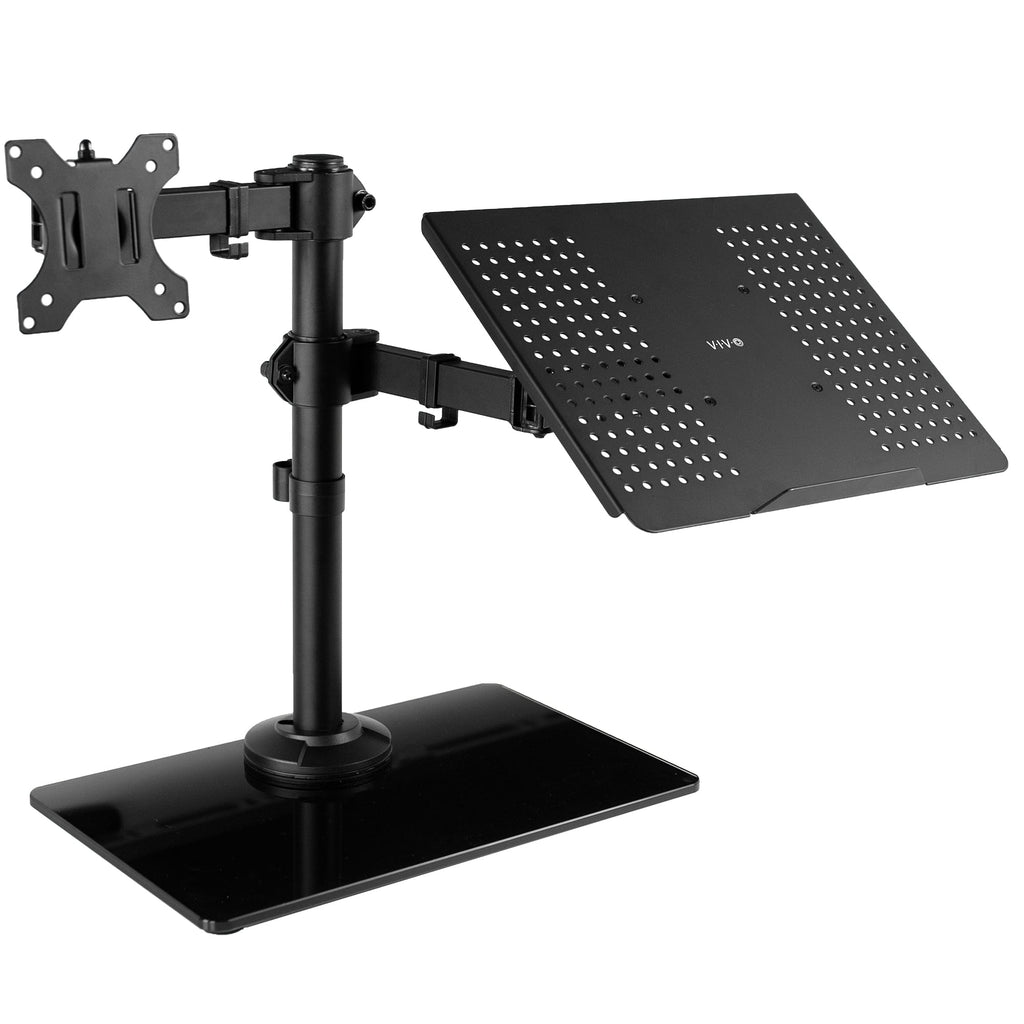 Black Laptop & Monitor Desk Stand with Glass Base, Fits up to 32" Screen