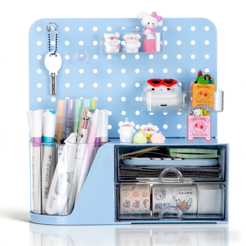Desk Organizer, Small 2 Drawer Unit and Pen Holders, Multi-Purpose Pegboard organizer For Home Office, Blue