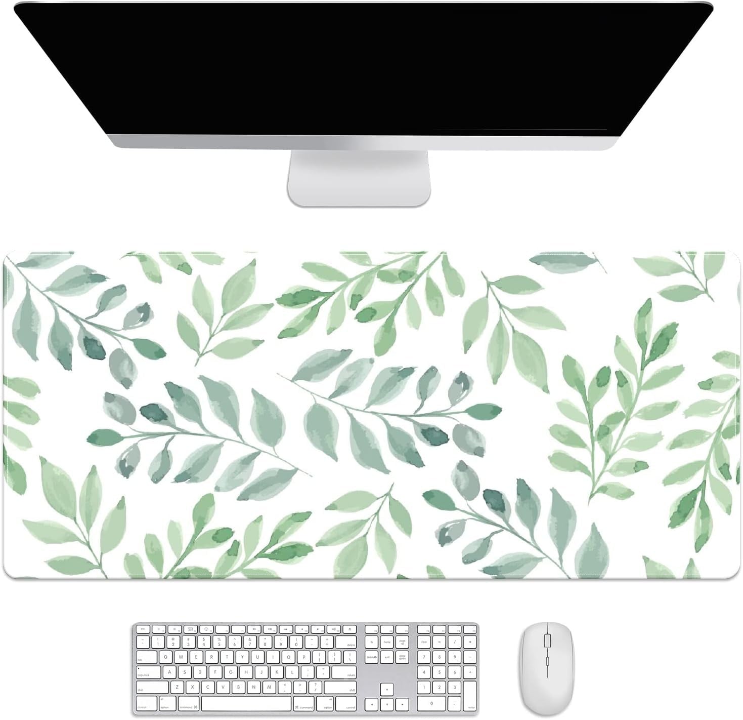 Watercolor Green Leaves Desk Mat, Desk Accessory, Cute Workspace, Trendy Workspace, Trendy, 35.4x15.7in Large Gaming Mouse Pad, Cute Desk To