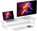White Dual Monitor Riser - 31.5 inch Wide TV Stand for 2 Monitors - Wood & Steel Desktop Riser for Dual Screen Office Desk Organization