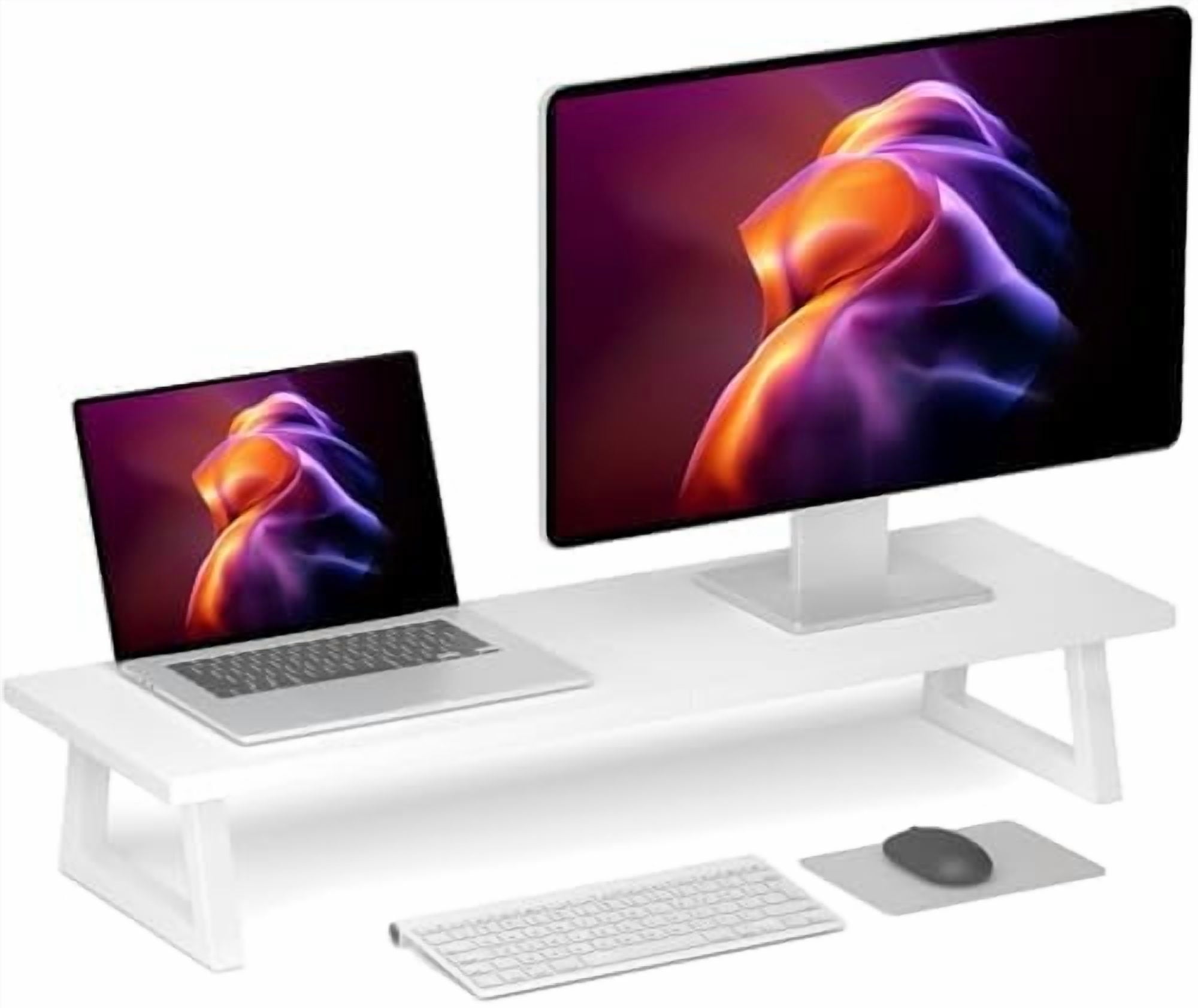 White Dual Monitor Riser - 31.5 inch Wide TV Stand for 2 Monitors - Wood & Steel Desktop Riser for Dual Screen Office Desk Organization