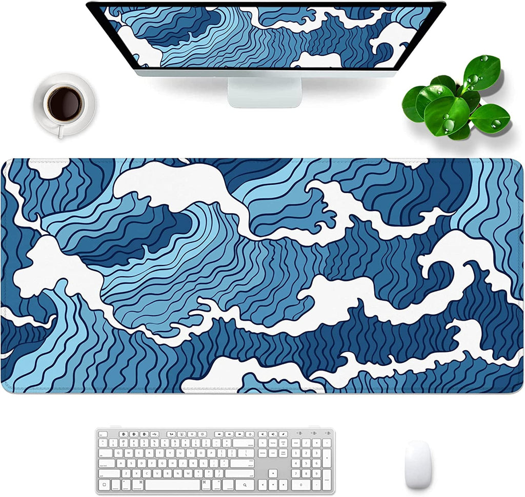 White and Blue Mouse Pad XL 31.5x11.8x0.12 inch Large Mouse Pad for Desk with Personalized Design for Laptop, Computer PC (Blue Wave - 1)