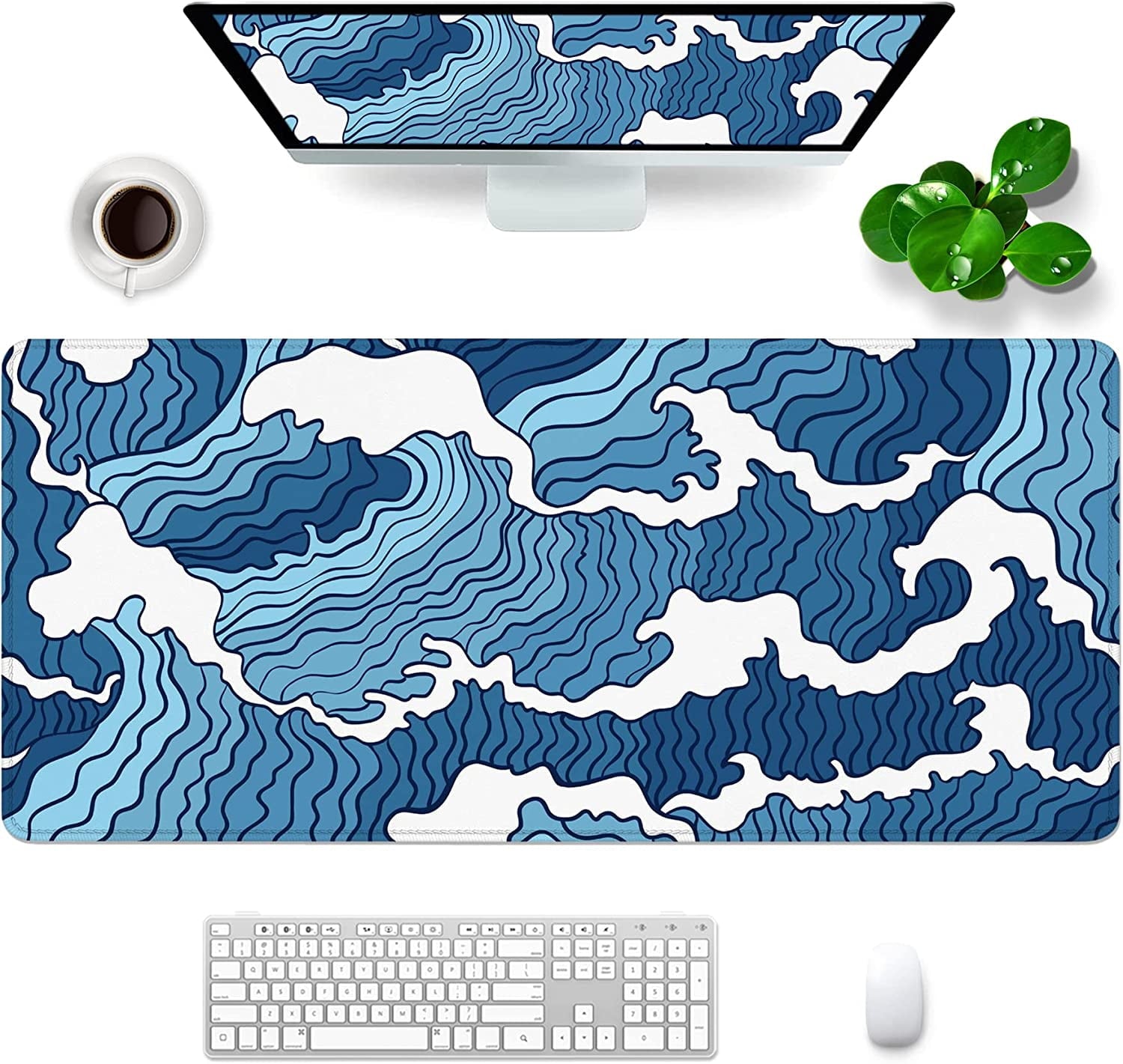 White and Blue Mouse Pad XL 31.5x11.8x0.12 inch Large Mouse Pad for Desk with Personalized Design for Laptop, Computer PC (Blue Wave - 1)