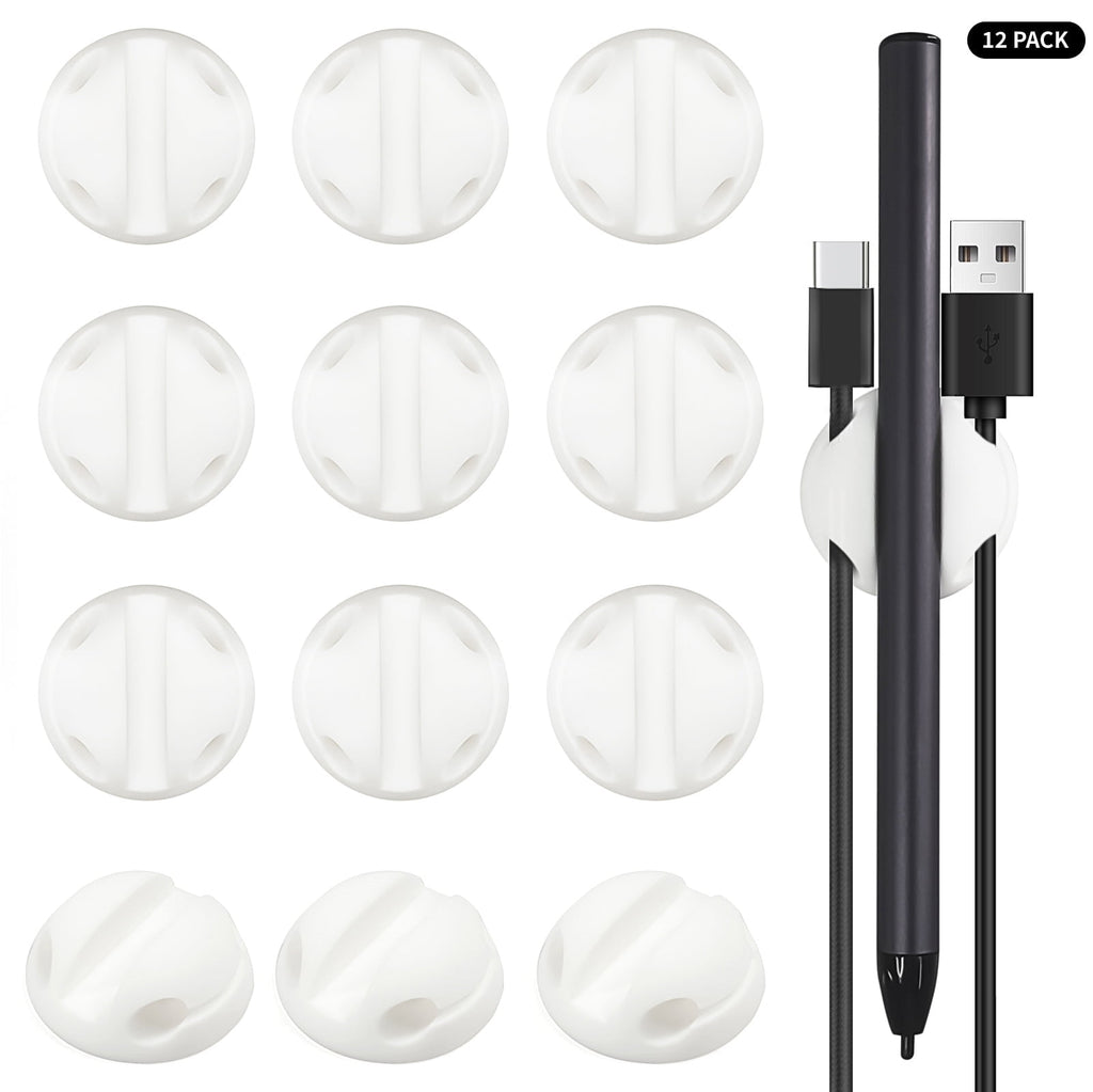 12-Pack White Silicone Cable Organizers with Adhesive Backing - Heavy Duty Cord Clips for Desk, Home & Office (Holds ...