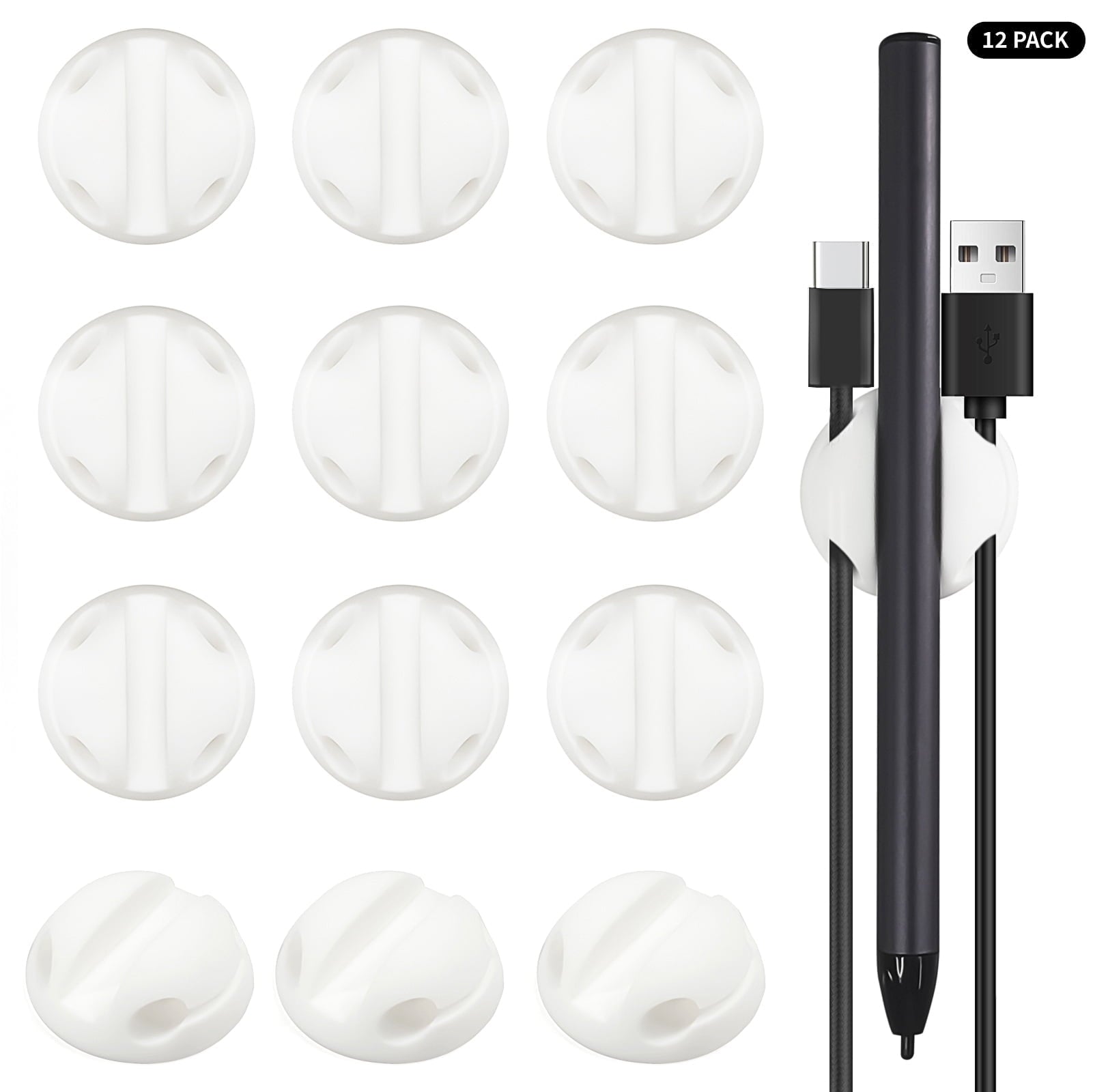 12-Pack White Silicone Cable Organizers with Adhesive Backing - Heavy Duty Cord Clips for Desk, Home & Office (Holds ...