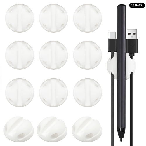 12-Pack White Silicone Cable Organizers with Adhesive Backing - Heavy Duty Cord Clips for Desk, Home & Office (Holds ...