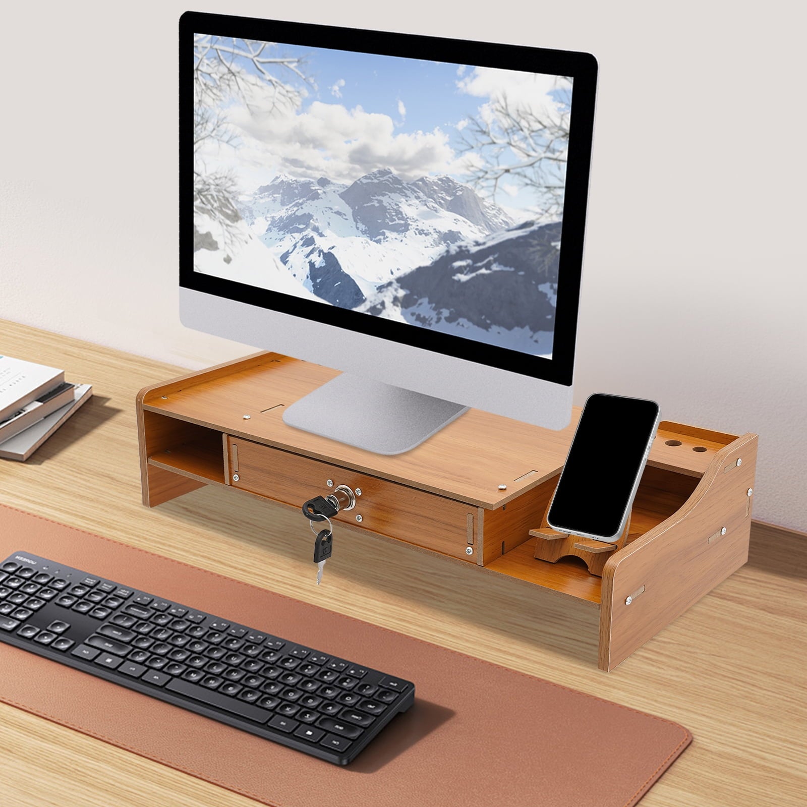 Monitor Stand Riser Adjustable Height Desk Organizer with Lockable Drawer and Compartments