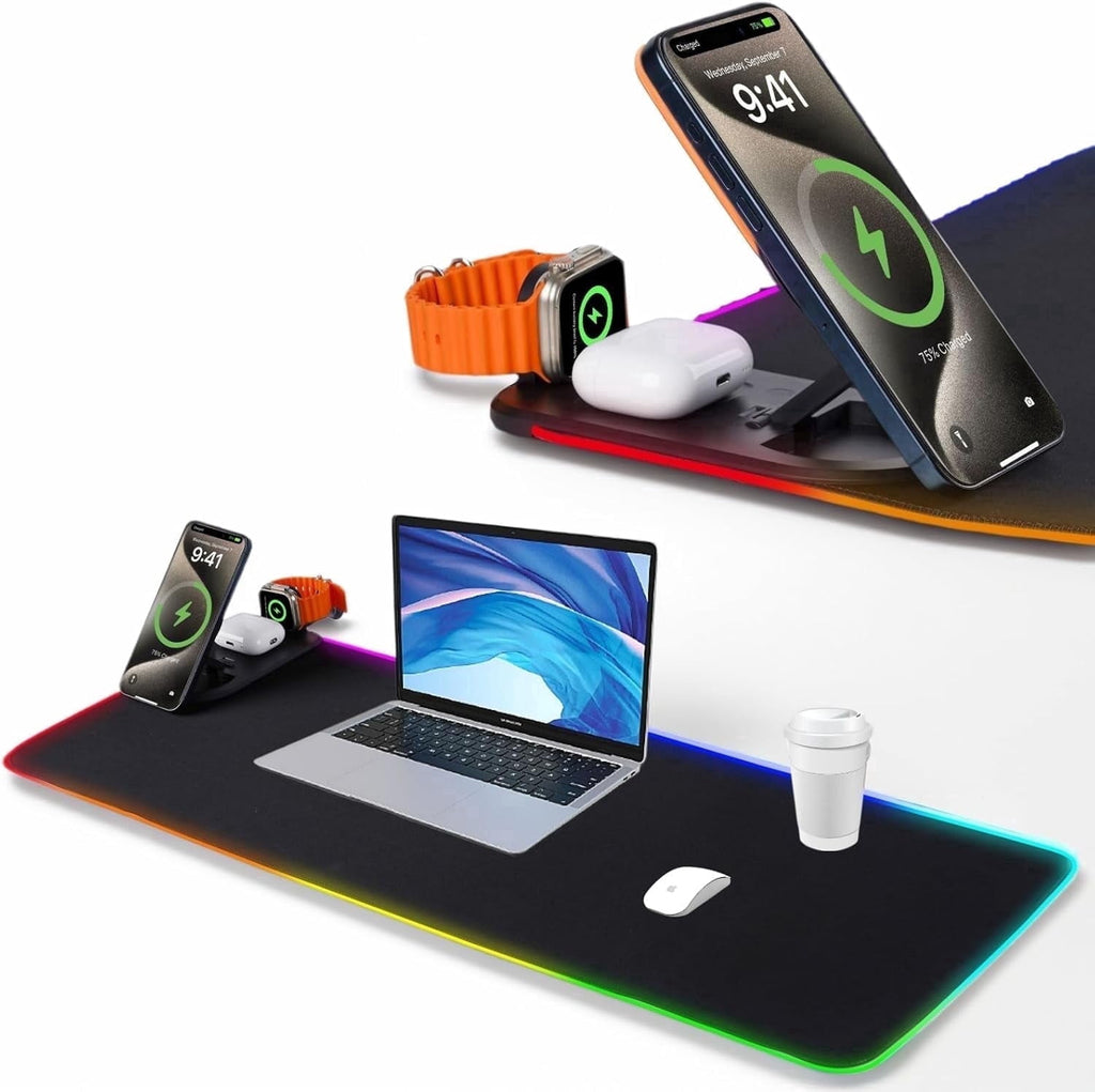 Wireless Charging Mouse Pad, RGB Gaming Desk Mat XXL with Magnetic Wireless Charging Phone Holder for Phone&iWatch&Ai...