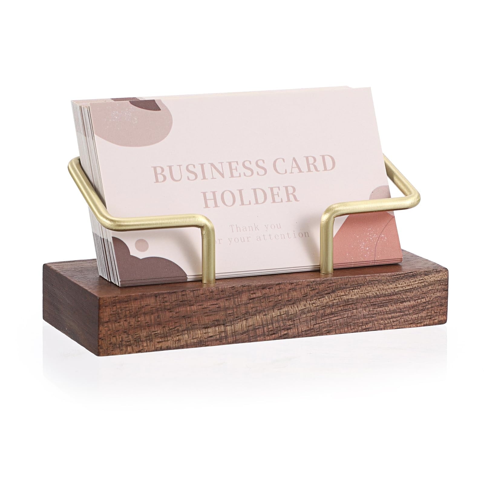 Wooden Business Card Holder for Desk - Elegant Walnut & Gold Metal Card Display Stand - Stylish Tabletop Business Car...