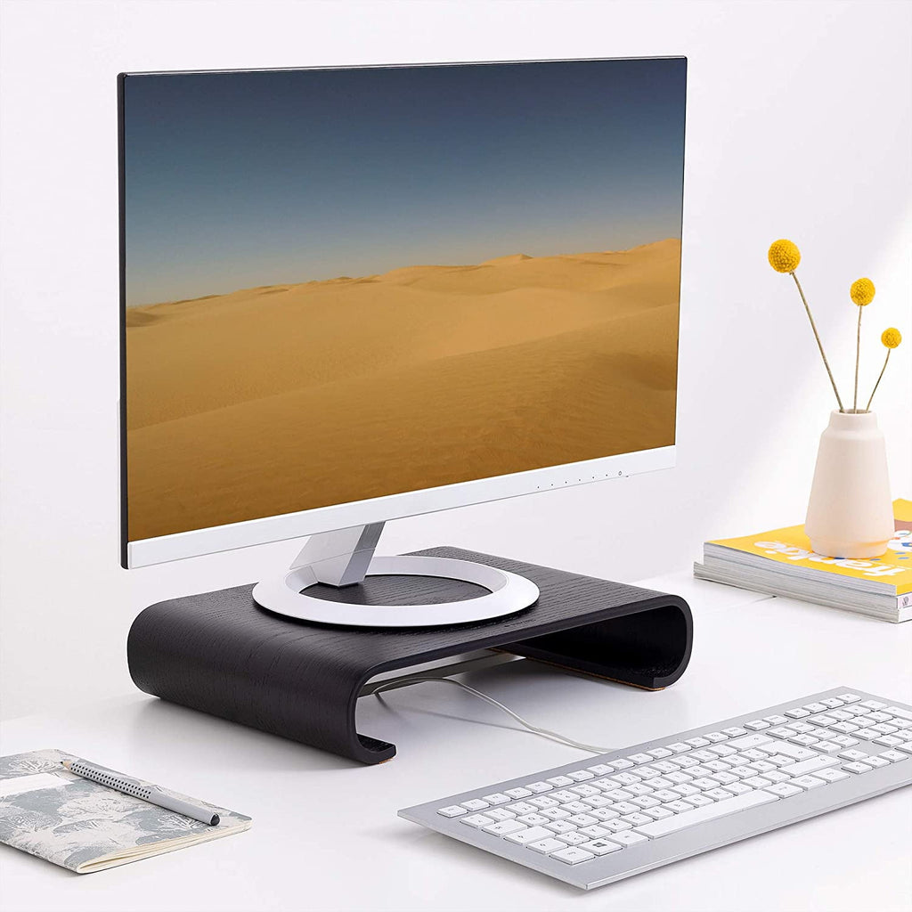 Wood Monitor Stand Riser - Computer Desk Organizer Desktop Dock Wooden Mount Display for PC TV Screen Notebook Laptop - Oak with Black Stain