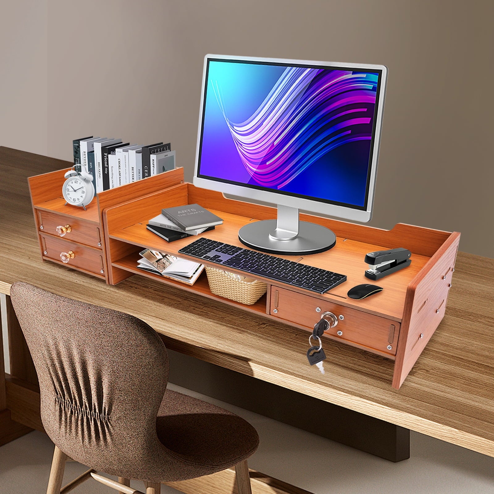 Wooden Computer Monitor Stand with Lockable Drawer, 3 Drawers & Phone Holder, Space-Saving Desk Organizer, Ergonomic ...