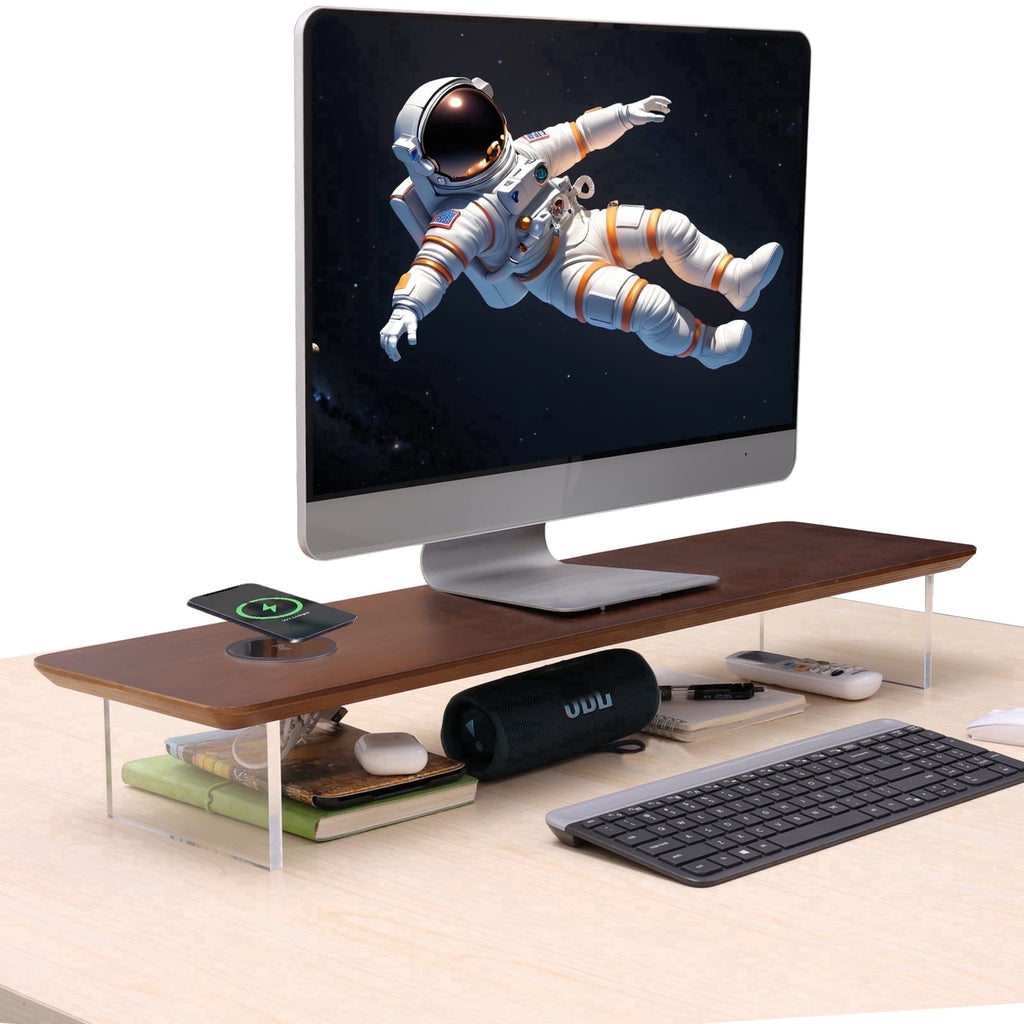 Wooden Monitor Stand Riser with Wireless Charging USB Port Desktop Organizer Shelf 31.5 Inch Large 1 Pack