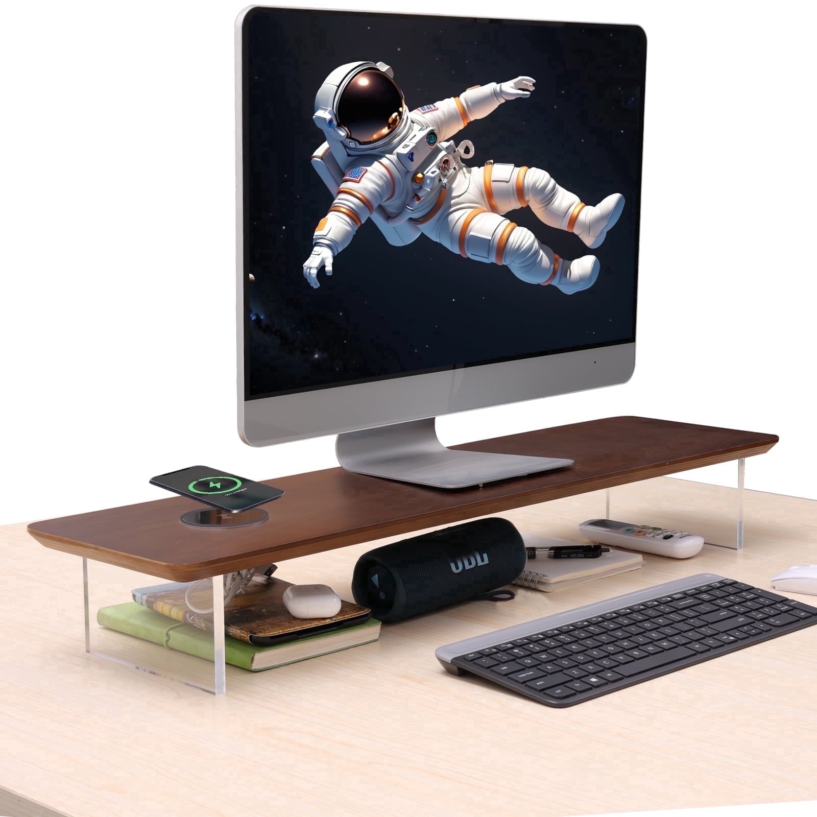 Wooden Monitor Stand Riser with Wireless Charging USB Port Desktop Organizer Shelf 31.5 Inch Large 1 Pack