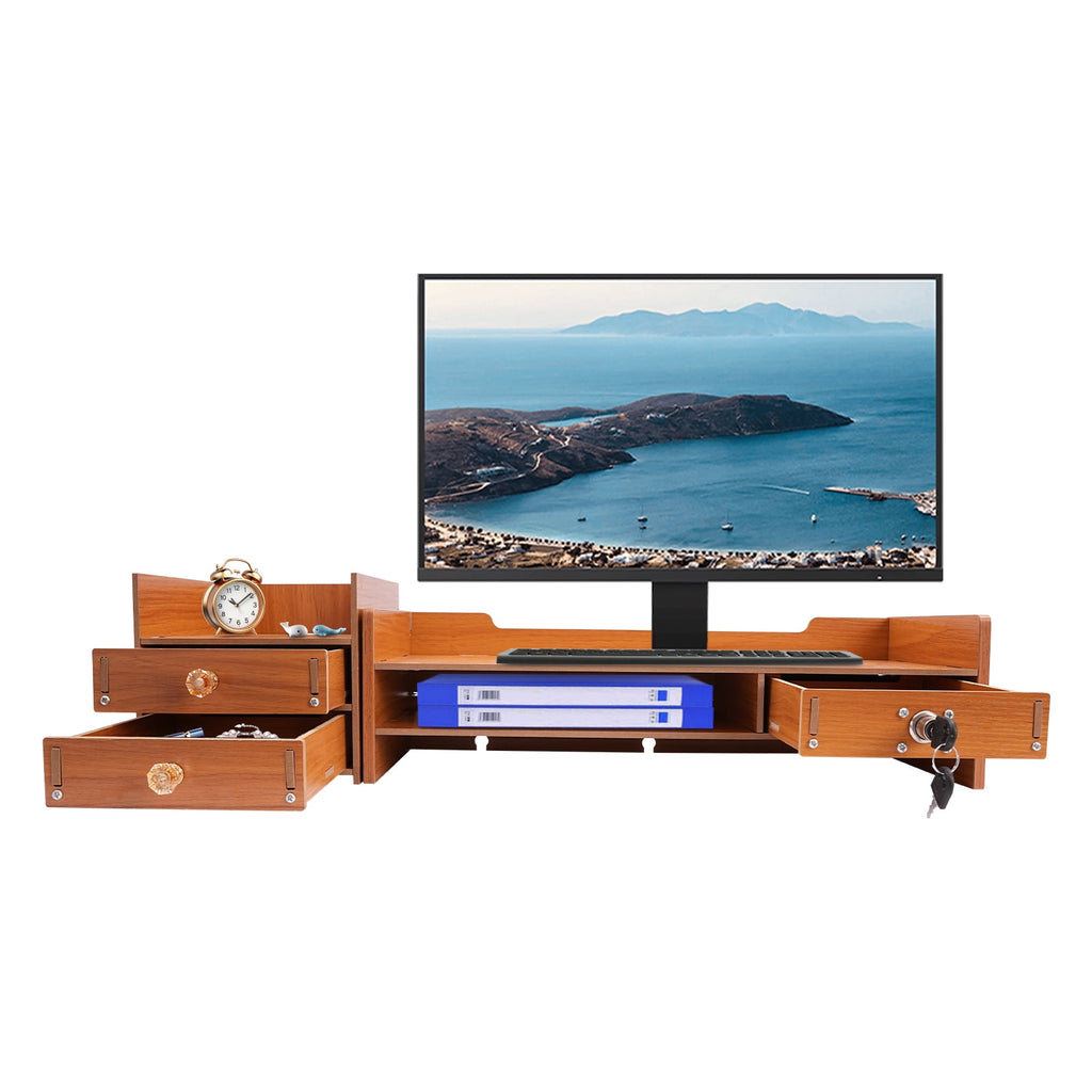 Computer Monitor Stand Riser Study Office Desk Organizer Wood Computer Rack with Drawers