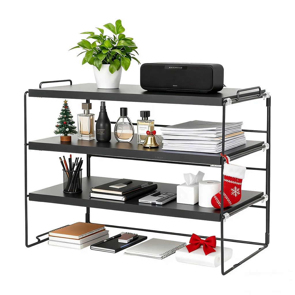 YOYTOO Desk Shelf Organizer, 3 Tier Desktop Organizers Storage Shelves Tabletop Bookshelf for Home Office, Black