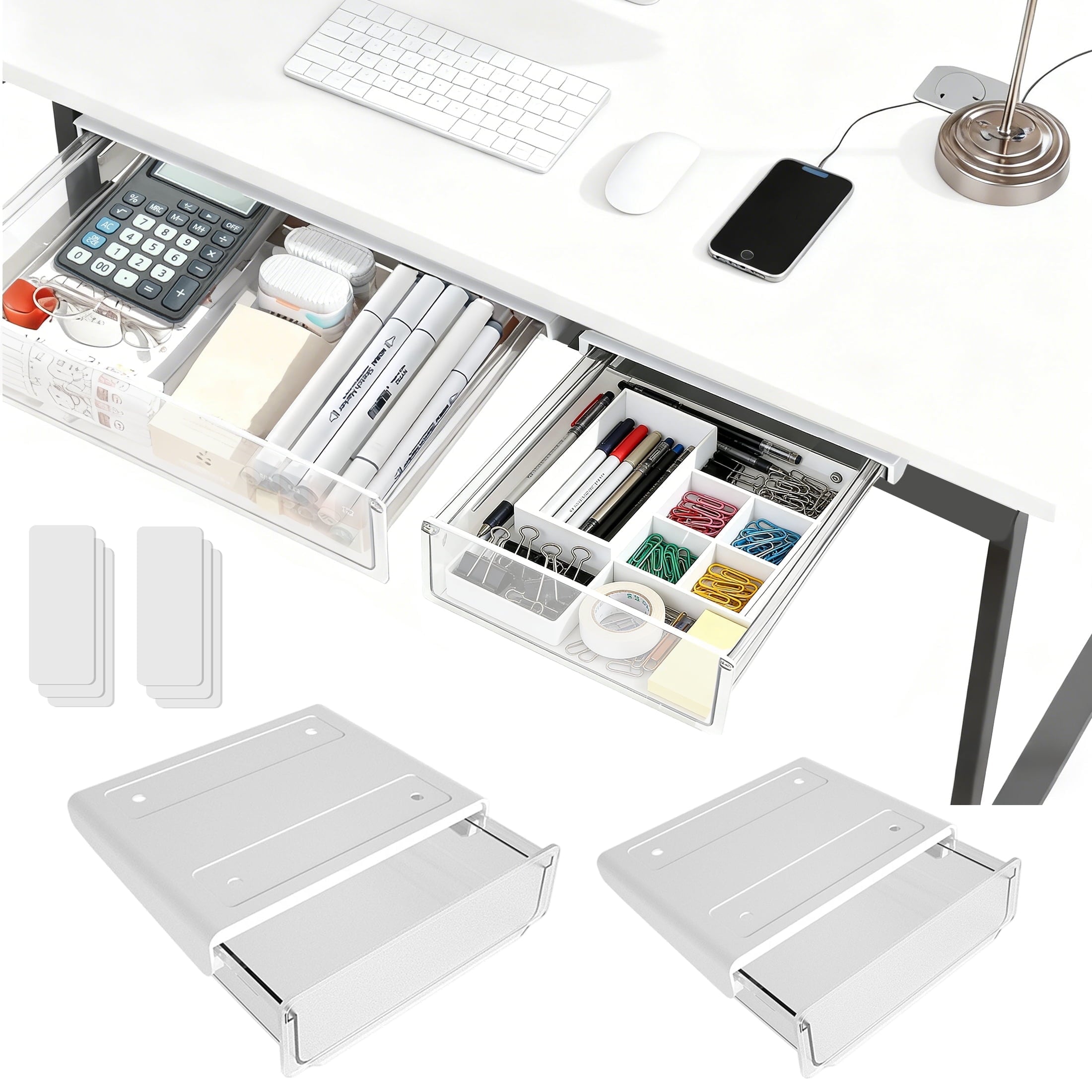 Yalumo 2 Pack Under Desk Drawer Organizer, Large & Small Slide Out Under Desk Storage Drawer Self-Adhesive Under Table Hidden Drawer for Off