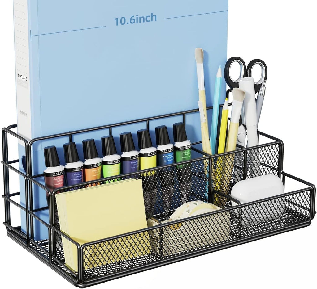 Black Desk Organizer, Mesh Office Supplies Desk Accessories, Features 7 Compartments - Black