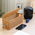 Rattan Cable Management Box Handwoven Cord Organizer Basket with 2 Slots Power Cords Hidden Box