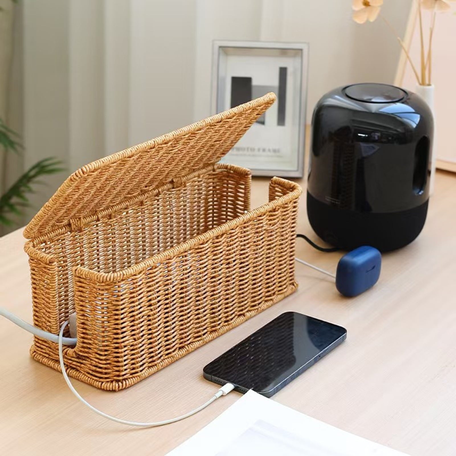 Rattan Cable Management Box Handwoven Cord Organizer Basket with 2 Slots Power Cords Hidden Box