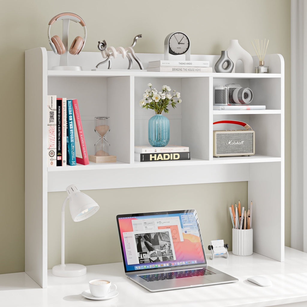 Desktop Bookshelf Storage Tabletop Display Hutch with 4 Shelves Wood Frame Freestanding Desk Organizer, White