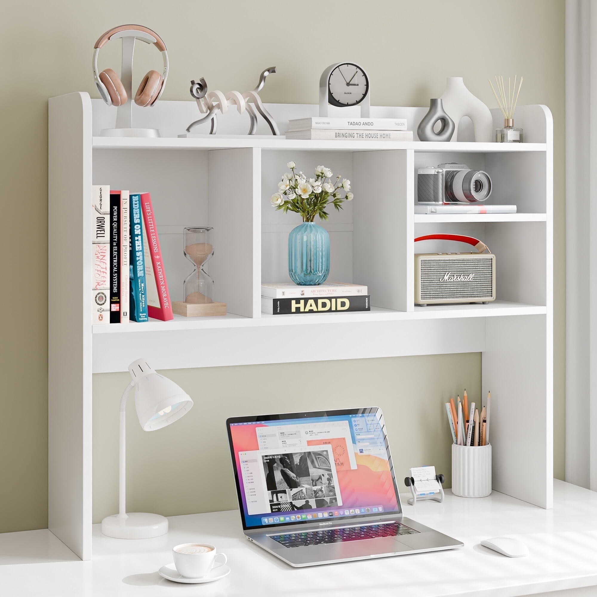 Desktop Bookshelf Storage Tabletop Display Hutch with 4 Shelves Wood Frame Freestanding Desk Organizer, White