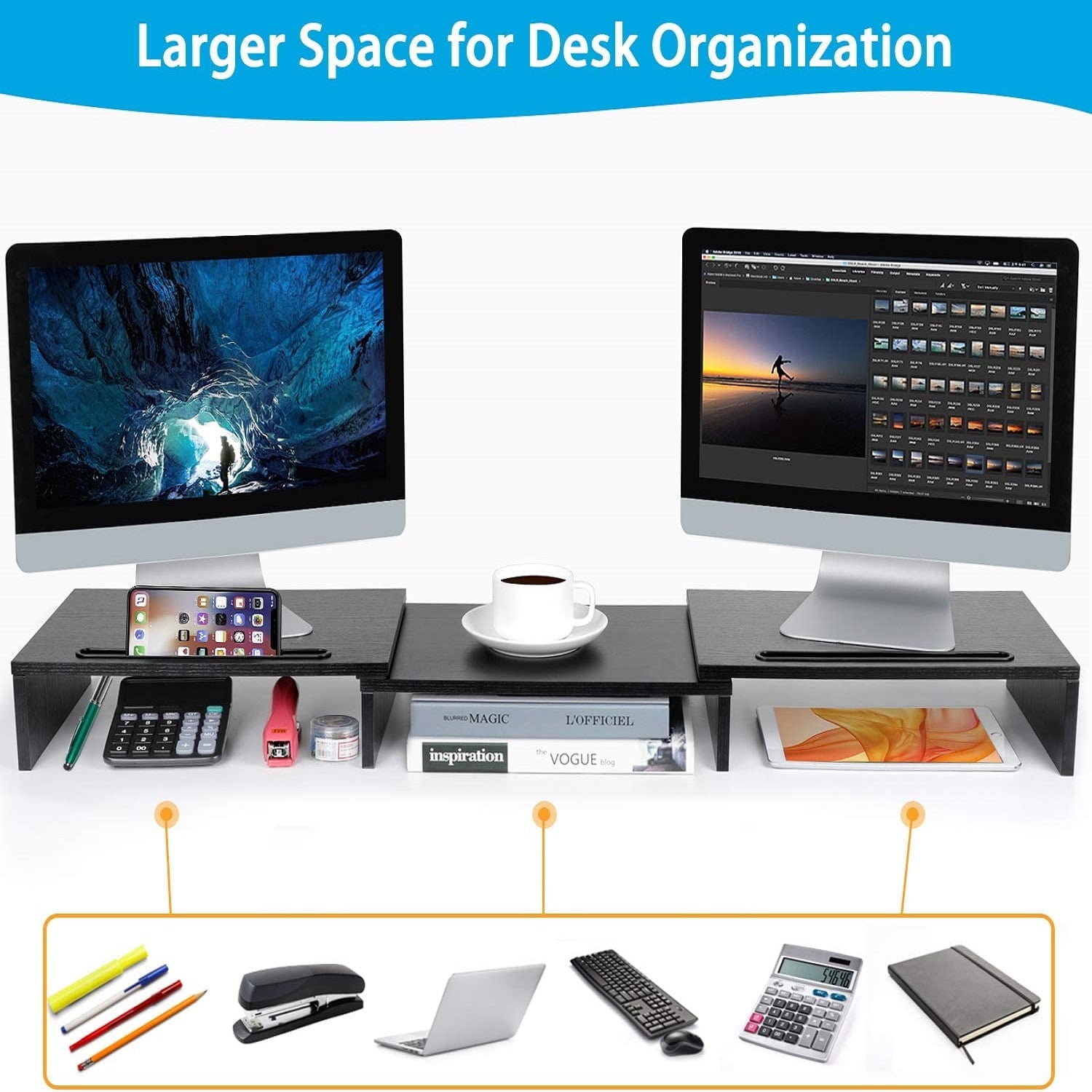 Dual Monitor Stand Riser with Adjustable Length & Angle, Multifunctional Double Monitor Riser with 2 Slot for PC, Com... - Image 5