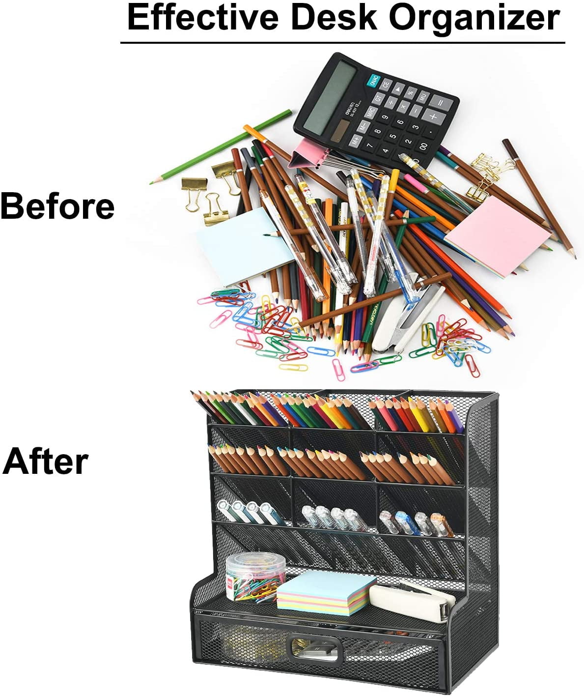 Mesh Desk Organizer with Drawer，Multi-Functional Pen Holder, Pen Organizer for desk, Desktop Stationary Organizer, St... - Image 3