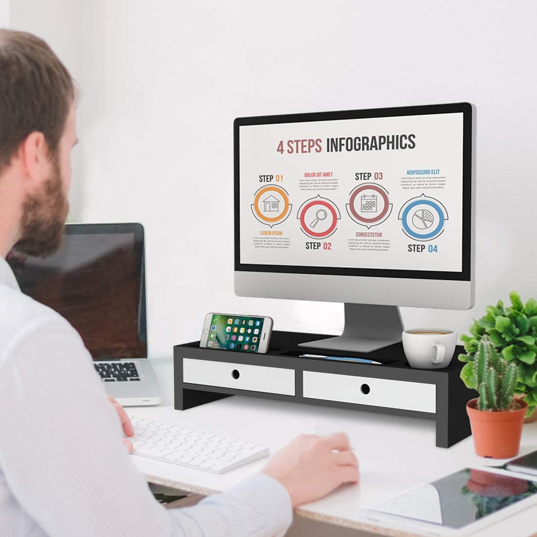 Monitor Stand Riser with Drawer - Desk Shelf Organizer Keyboard Storage Black 22" x 10.6" x 4.7" - Image 2