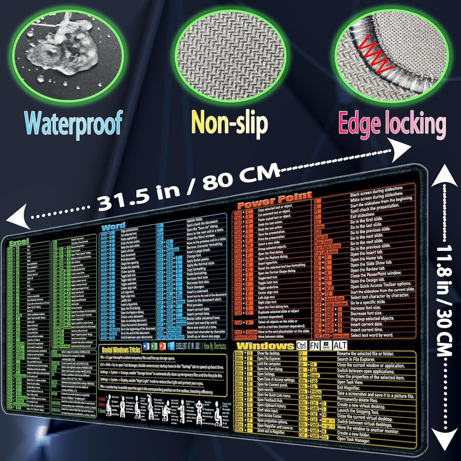 Excel/Word/Power Point/Windows Cheat Sheet Desk pad, Large Gaming Office pc Mouse pad,Keyboard Shortcuts Mouse pad,No... - Image 5