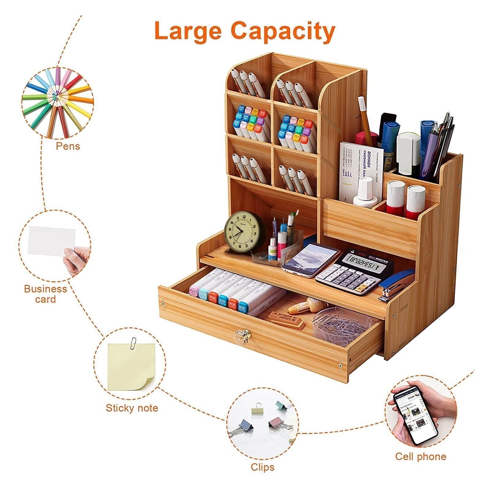 Desk Organizer with Pen Holder and 1 Drawer, Multi-Functional Pen Holder, Pen Organizer for Desk, Desktop Stationary ... - Image 2