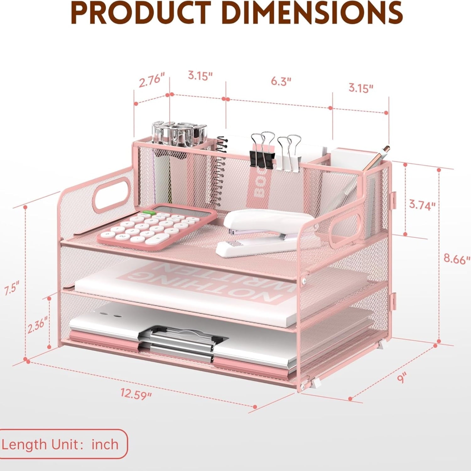 3 Metal Mesh Desk Organizer with 3 Pen Holders and Handle, Paper Organizer, Pink, 1 Pcs - Image 2
