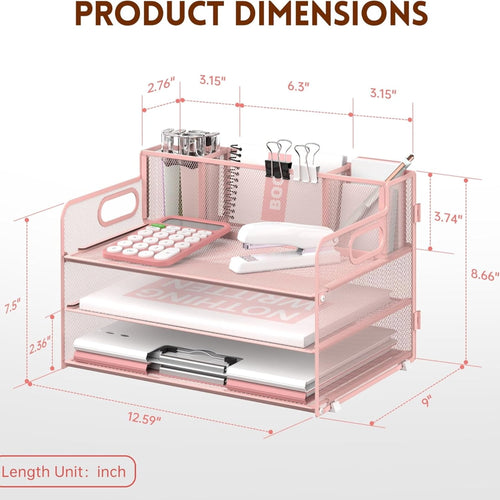 3 Metal Mesh Desk Organizer with 3 Pen Holders and Handle, Paper Organizer, Pink, 1 Pcs - Image 2