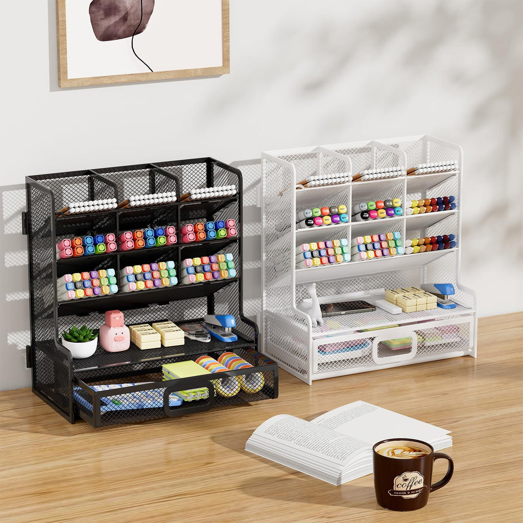 Mesh Desk Organizer with Drawer, Multi-Functional Pen Pencil Holder,Desk Organizers and Accessories( Black) - Image 3