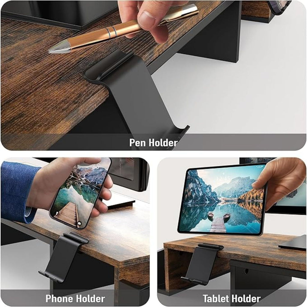 Desk Dual Monitor Stand Riser with Drawer, Rustic Brown - Image 2